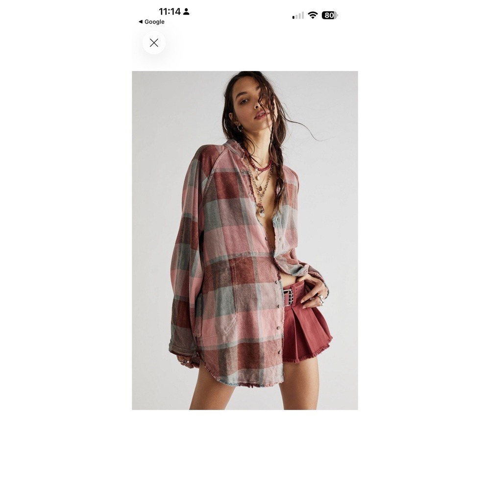 We The Free People Plaid Flannel Shirt XS Pink Gray Distressed Frayed Hem Cotton